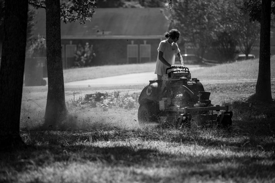 Professional pushing a lawn mower on fresh grass